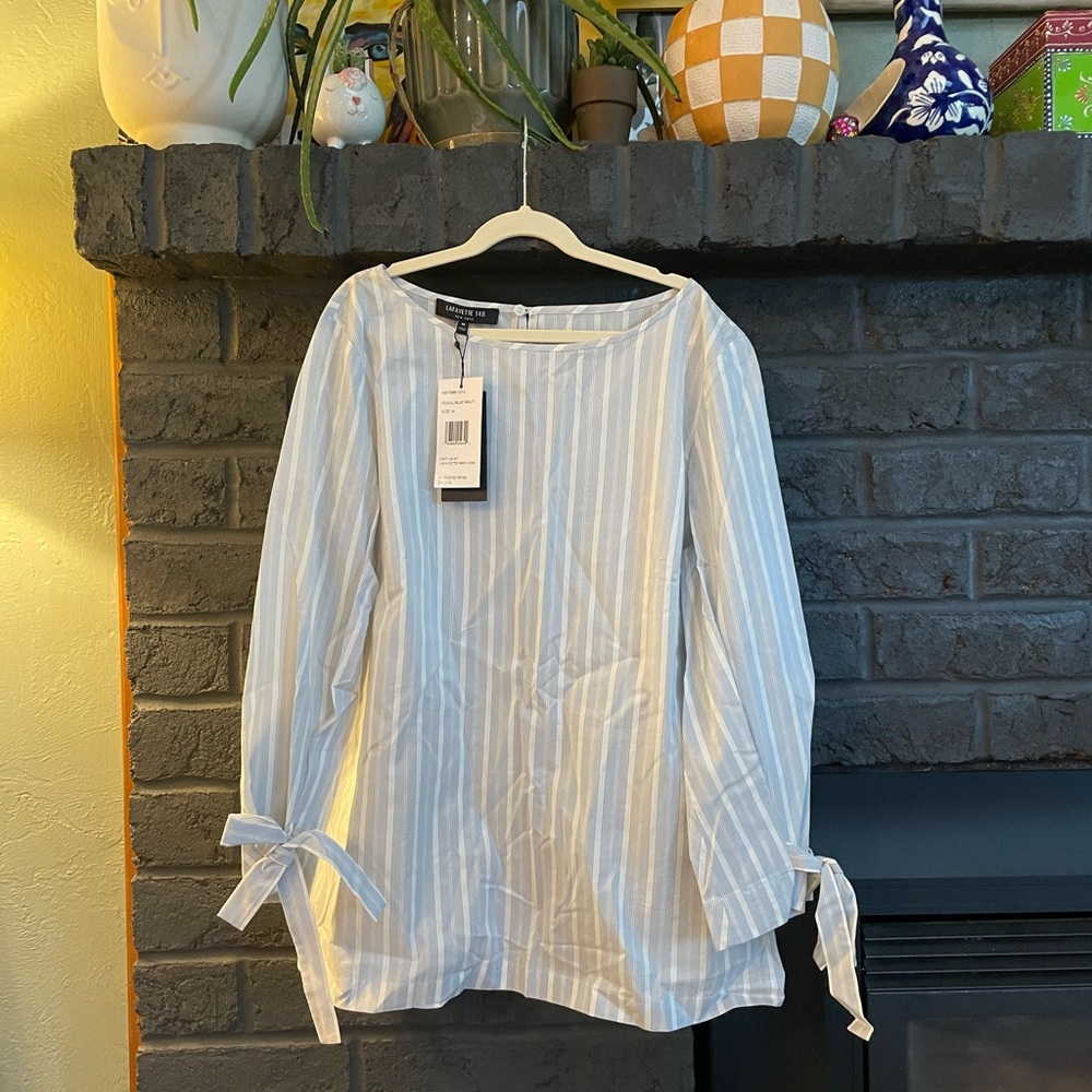NWT Lafayette 148 New York Light Blue and White Striped Tie-Sleeve Blouse